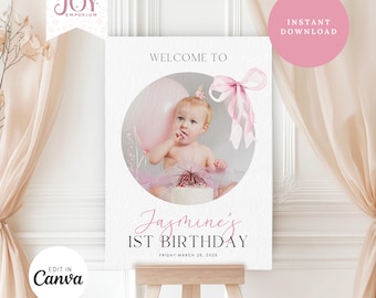 Pink Bow Welcome Sign | 1st Birthday Girl | Printable Template | Coquette Party Decorations | Welcome Photo Sign | 1st Birthday Welcome