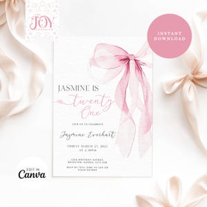 Elegant Pink Bow 21st Birthday Invitation | Customizable Digital Download | Printable Invite for Girls | Editable Template for 21st Birthday