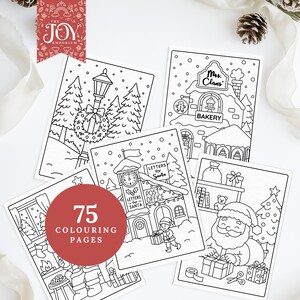 A set of five Christmas colouring sheets featuring a snowy wreath on a lamppost, Mrs. Claus’ bakery, a festive post office, Santa wrapping gifts, and holiday home scenes. A red circular badge reads “75 colouring pages.” Decorated with pinecones and soft ribbon to highlight the warm, cozy Christmas atmosphere.