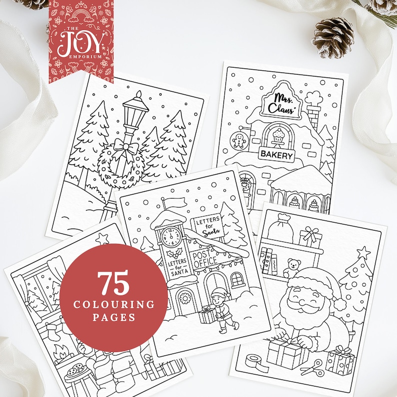 A set of five Christmas colouring sheets featuring a snowy wreath on a lamppost, Mrs. Claus’ bakery, a festive post office, Santa wrapping gifts, and holiday home scenes. A red circular badge reads “75 colouring pages.” Decorated with pinecones and soft ribbon to highlight the warm, cozy Christmas atmosphere.