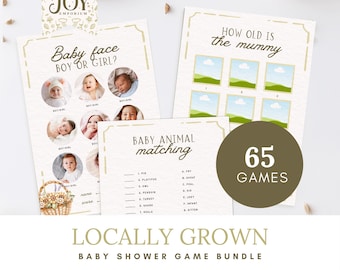 Zestaw gier na baby shower na targu farmerskim: ponad 65 aktywności do druku (edytowalny szablon Canva)