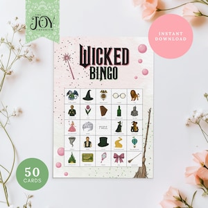 May include: A printable "Wicked Bingo" game card with a pink and white background. The card features illustrations of characters and objects from the musical, with the title "Wicked Bingo" in a stylized font. Includes a pink circle that says "Instant Download".