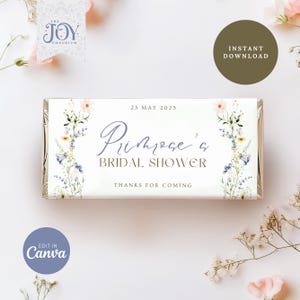 Blue Floral Chocolate Label | Customizable Candy Wrappers for Bridal Showers | Floral Party Favor Stickers | Printable Chocolate Wrappers