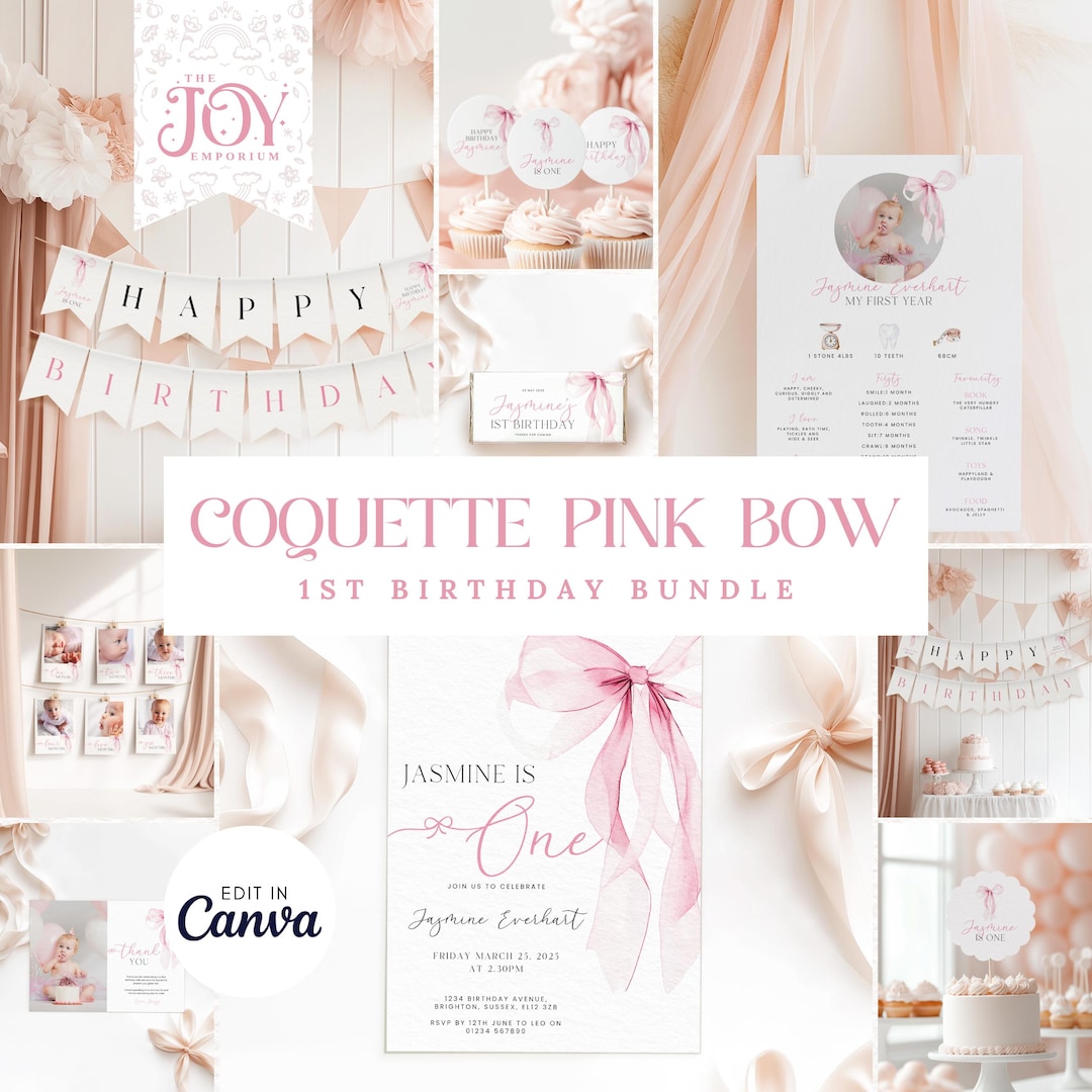 Coquette Pink Bow First Birthday Bundle | Printable Invitation ...