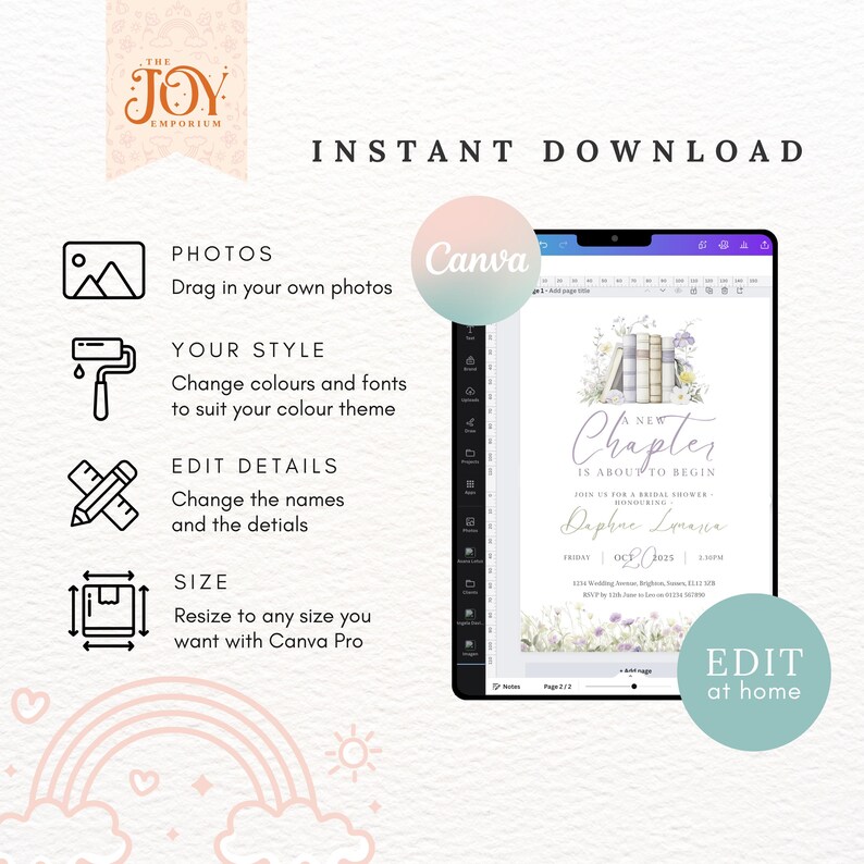 May include: Editable digital invitation template for a bridal shower with a book theme. The invitation features a watercolor illustration of stacked books with flowers and the text "A New Chapter is About to Begin".