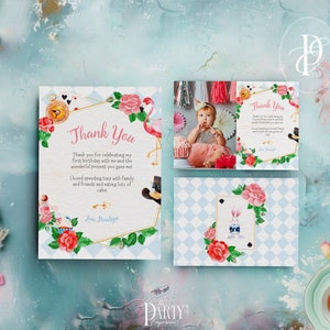 Modello di biglietto di ringraziamento Alice nel paese delle meraviglie per il compleanno del Cappellaio Matto, foto stampabile di ringraziamento e download immediato
