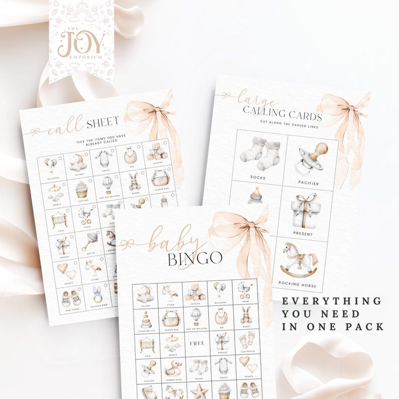 May include: A set of printable baby shower bingo cards with a watercolor design. The cards feature a variety of baby items, such as socks, a pacifier, a present, and a rocking horse. The text "Everything You Need In One Pack" is printed on the cards.