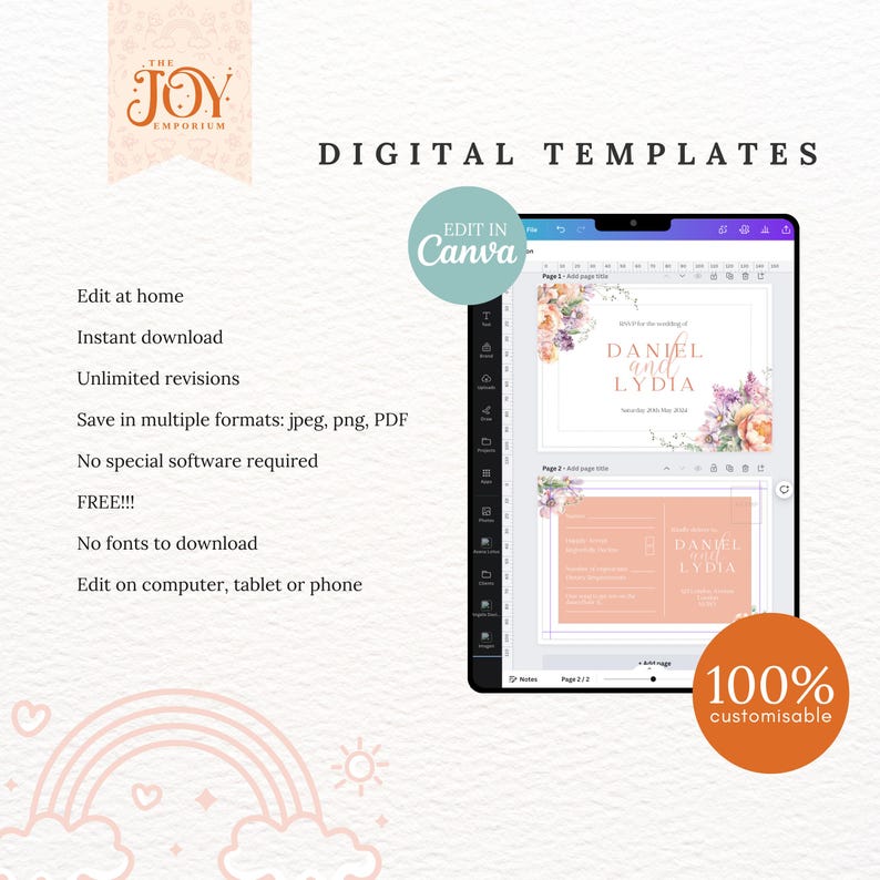 May include: A digital template for a wedding invitation with a floral design. The template is customizable and can be edited in Canva. The text on the template reads "Save the date for the wedding of Daniel and Lydia".