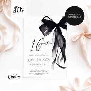 Bewerkbare zwarte strik Sweet 16-uitnodiging | Elegante digitale sjabloon | Direct downloaden | Uitnodiging verjaardagsfeestje | Coquette zwarte strik verjaardag