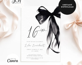 Editable Black Bow Sweet 16 Invitation | Elegant Digital Template | Instant Download | Birthday Party Invite | Coquette Black Bow Birthday