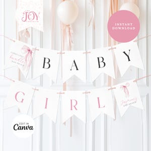Editable Pink Bow Baby Shower Banner | Customizable Girl Baby Shower Decor | Digital Download | Pink Bow Garland Baby Shower Banner