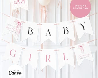 Editable Pink Bow Baby Shower Banner | Customizable Girl Baby Shower Decor | Digital Download | Pink Bow Garland Baby Shower Banner