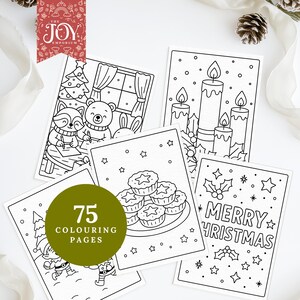 A collage of five printable colouring pages featuring woodland animals indoors by a Christmas tree, a trio of candles with holly, a plate of mince pies, elves decorating, and a “Merry Christmas” page with stars and holly. A green badge highlights “75 colouring pages” with festive props around the image.