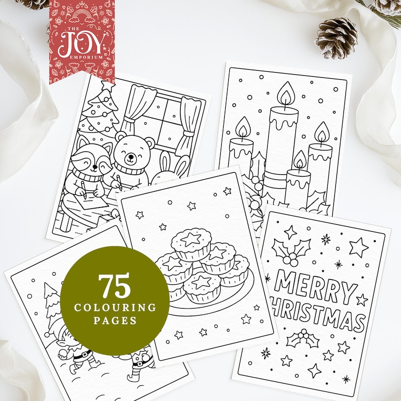 A collage of five printable colouring pages featuring woodland animals indoors by a Christmas tree, a trio of candles with holly, a plate of mince pies, elves decorating, and a “Merry Christmas” page with stars and holly. A green badge highlights “75 colouring pages” with festive props around the image.