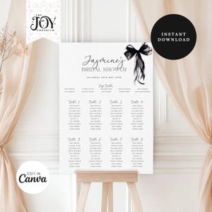 Può includere: Un tableau de mariage imprimabile in bianco e nero con un design a fiocco e nastro nero. Il tableau include il testo "Jasmine's Bridal Shower" e "Saturday 20th May 2025".