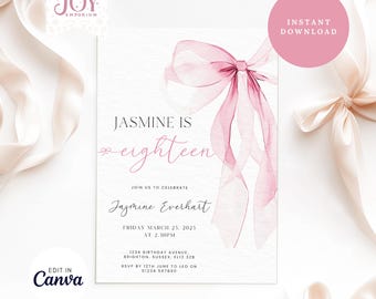 Invitación de cumpleaños número 18 con lazo rosa de moda / Plantilla imprimible / Perfecta para cualquier edad / Estilo coqueto / Invitación de cumpleaños editable con lazo rosa