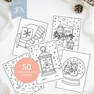 Christmas colouring pages with a cozy armchair, snowy mailbox, lantern, holly, and snow globe. Perfect printable winter colouring sheets for kids and adults. Great for festive holiday activities, family colouring, and relaxing Christmas crafts.