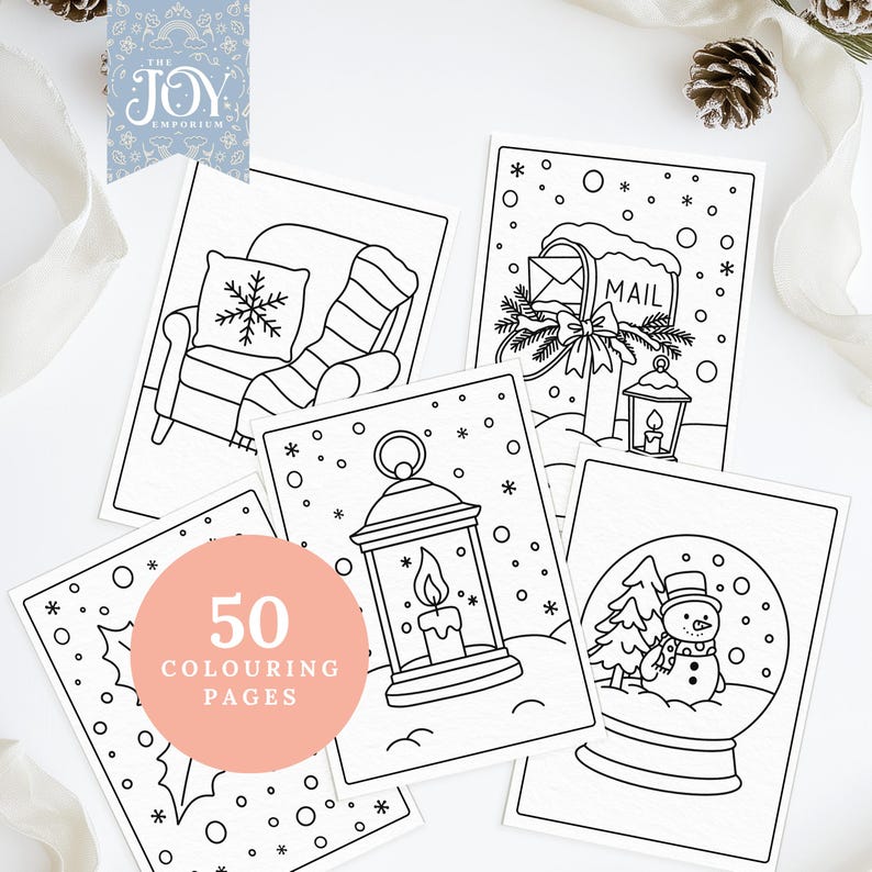 Christmas colouring pages with a cozy armchair, snowy mailbox, lantern, holly, and snow globe. Perfect printable winter colouring sheets for kids and adults. Great for festive holiday activities, family colouring, and relaxing Christmas crafts.