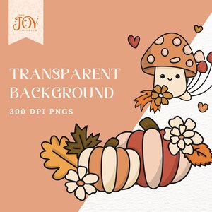 Op de afbeelding: Digitale illustratie met een lachende paddenstoel, herfstbladeren, bloemen en pompoenen. De tekst "TRANSPARENT BACKGROUND" en "300 DPI PNGS" is inbegrepen. Perzik kleurige achtergrond.
