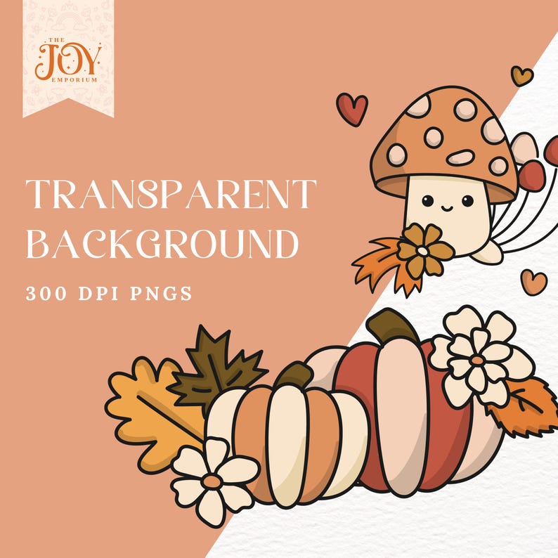 Op de afbeelding: Digitale illustratie met een lachende paddenstoel, herfstbladeren, bloemen en pompoenen. De tekst "TRANSPARENT BACKGROUND" en "300 DPI PNGS" is inbegrepen. Perzik kleurige achtergrond.