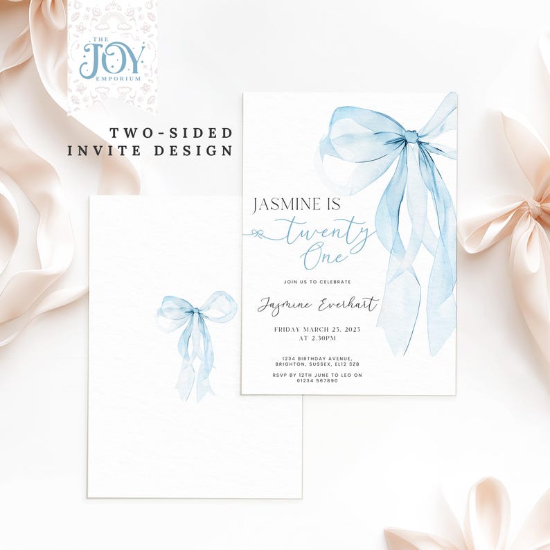 Personalised 21 Blue Bow Invite | Editable Birthday Invitation | 21st Birthday Invite | Blue Bow 21st Birthday Invite | Coquette Style Party image 3