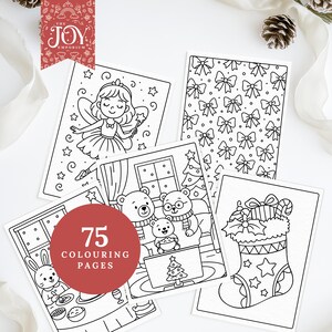A collage of five printable colouring pages including a smiling Christmas fairy, a repeating bow pattern, a cozy family of bears watching holiday movies, a bunny enjoying snacks, and a stocking filled with candy canes and holly. A red badge says “75 colouring pages,” surrounded by pinecones and ribbon for seasonal styling.