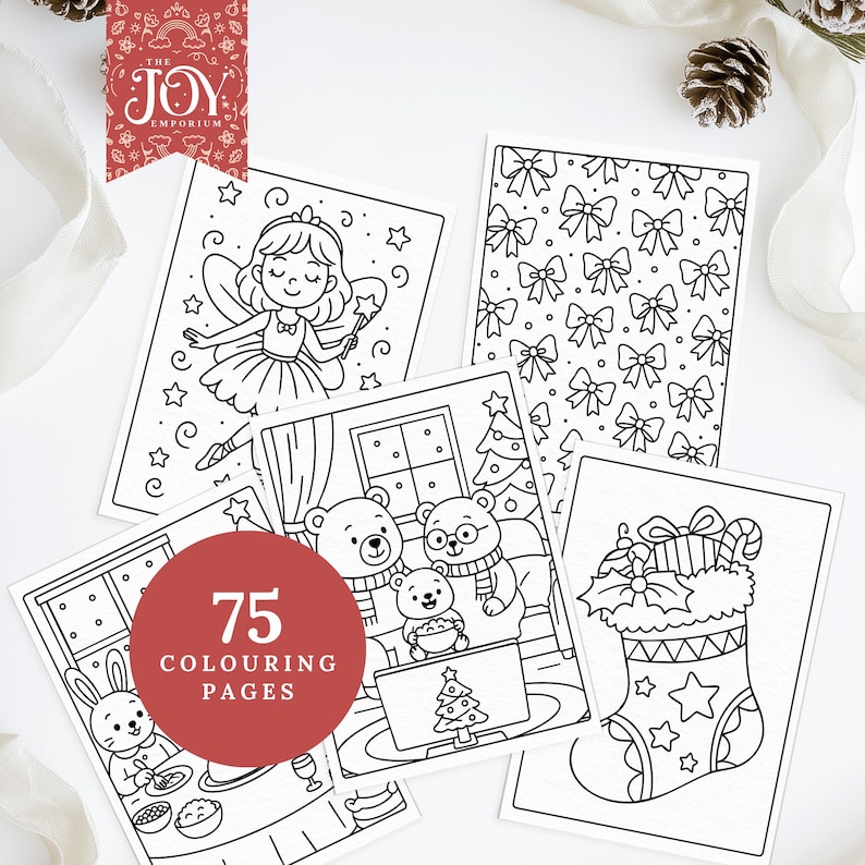 A collage of five printable colouring pages including a smiling Christmas fairy, a repeating bow pattern, a cozy family of bears watching holiday movies, a bunny enjoying snacks, and a stocking filled with candy canes and holly. A red badge says “75 colouring pages,” surrounded by pinecones and ribbon for seasonal styling.