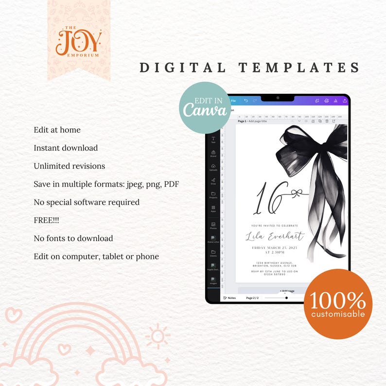 Pode incluir: Um modelo digital para um convite de anivers&aacute;rio de 16 anos. O modelo apresenta uma ilustra&ccedil;&atilde;o de aquarela em preto e branco de um la&ccedil;o. O texto "You're invited to celebrate Lila Everhart" est&aacute; inclu&iacute;do no modelo. O modelo &eacute; personaliz&aacute;vel e pode ser editado no Canva.