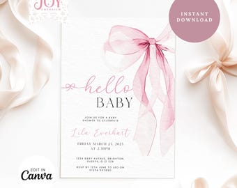 Pink Bow Baby Shower Invitation Template | Editable Digital Invite | Girl Baby Shower | Instant Download | Coquette Baby Shower | Canva