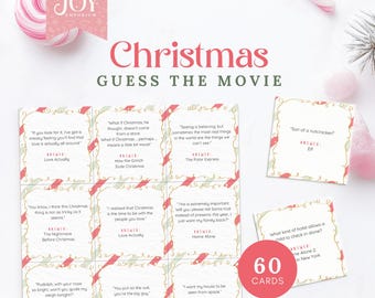 Op de afbeelding: 60 kerstfilm-triviakaarten met rood-witte gestreepte randen. Elke kaart bevat een citaat uit een populaire kerstfilm en het antwoord staat eronder gedrukt. De kaarten zijn gedrukt op wit karton.