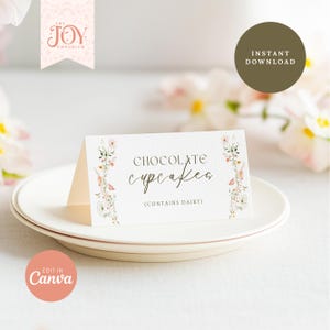 Puede incluir: Un cartel imprimible con un borde floral y el texto "CHOCOLATE cupcakes (CONTAINS DAIRY)".