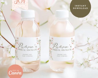 Etiquetas para botellas de agua con diseño de flores silvestres rosas para despedida de soltera: Plantilla editable (descarga digital)