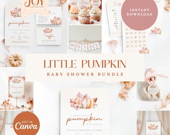 May include: A printable baby shower bundle with a fall theme. The bundle includes a variety of items, such as invitations, decorations, and games. The design features a watercolor illustration of a pumpkin with leaves in shades of orange, pink, and brown. The text "Little Pumpkin Baby Shower Bundle" is displayed in a brown font.