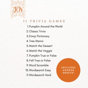 "List of 11 Fall Trivia Games from The Joy Emporium including Pumpkin Around the World, Classic Trivia, Emoji Pictionary, and more. Orange badge reads 'Includes Answer Sheets.'"