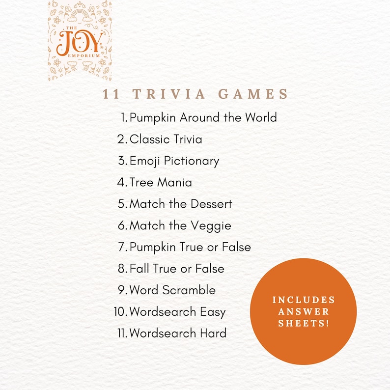 "List of 11 Fall Trivia Games from The Joy Emporium including Pumpkin Around the World, Classic Trivia, Emoji Pictionary, and more. Orange badge reads 'Includes Answer Sheets.'"