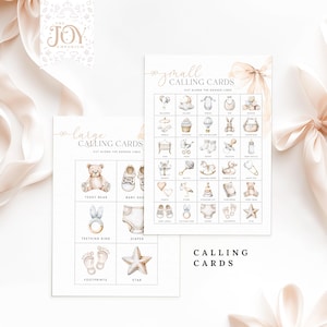 May include: Two printable sheets of baby shower calling cards. The larger sheet has four images: a teddy bear, baby shoes, a teething ring, and a diaper. The smaller sheet has 25 images of baby items, including a balloon, a crib, a rattle, and a rocking horse. The text on the sheets reads "large calling cards" and "small calling cards".
