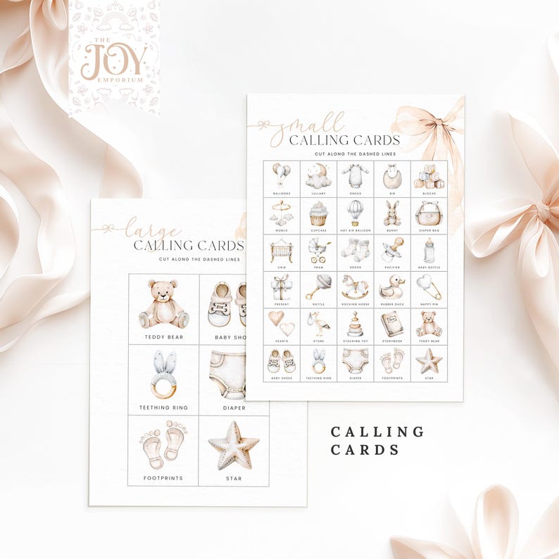 May include: Two printable sheets of baby shower calling cards. The larger sheet has four images: a teddy bear, baby shoes, a teething ring, and a diaper. The smaller sheet has 25 images of baby items, including a balloon, a crib, a rattle, and a rocking horse. The text on the sheets reads "large calling cards" and "small calling cards".