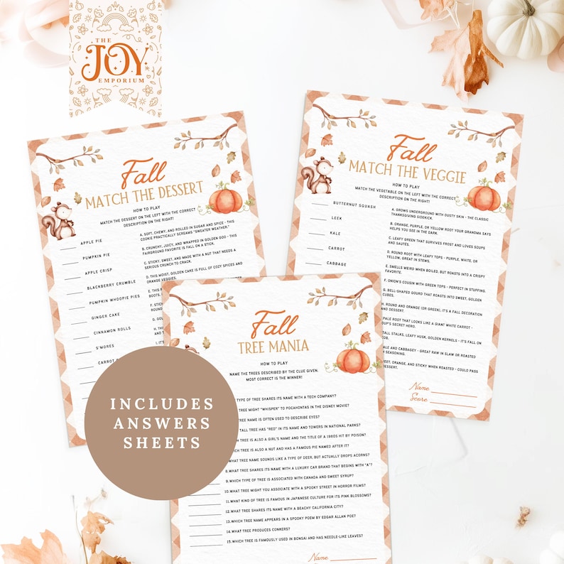 "Three printable fall games titled Match the Dessert, Tree Mania, and Match the Veggie. Illustrated with pumpkins and leaves. Brown badge says 'Includes Answers Sheets.'"