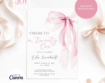 Cheers to 21 Pink Bow Invite | Editable Birthday Invitation | 21st Birthday Invite | Pink Bow Design | Coquette Style Party Invitation