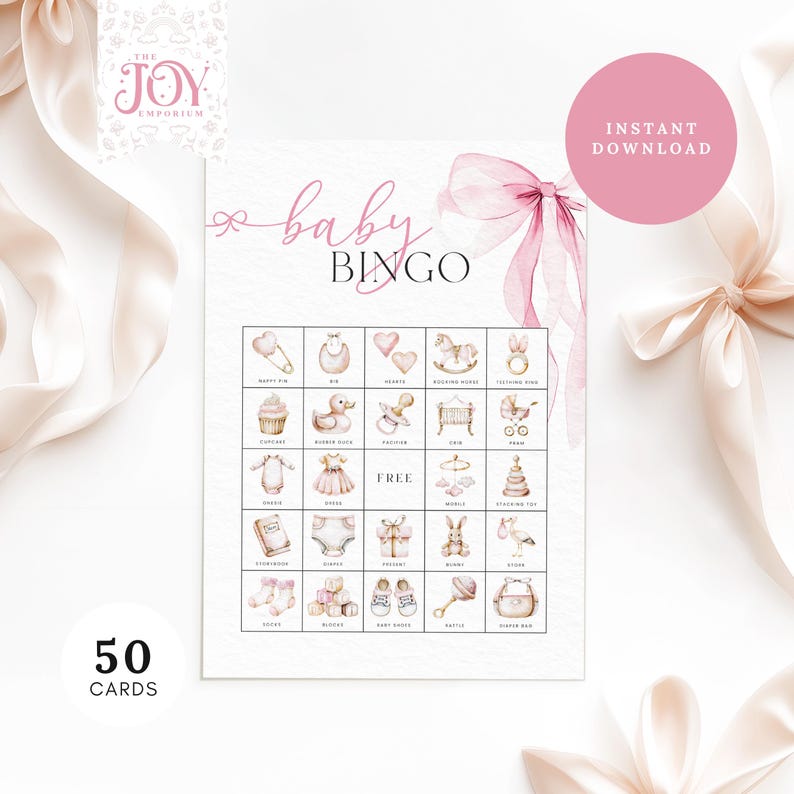 May include: Pink and gold baby bingo cards with illustrations of baby items like a rattle, rocking horse, and baby shoes. The text "baby bingo" is written in pink cursive letters. The text "50 cards" is written in black letters on a white background.