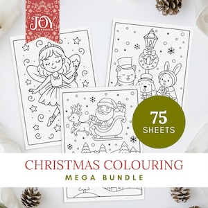 May include: A collection of Christmas-themed coloring pages with illustrations of Santa Claus, a fairy, and various animals. The set includes 75 sheets and features the text "Christmas Colouring Mega Bundle."