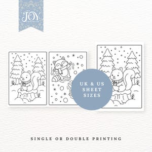 Puede incluir: P&aacute;ginas para colorear en blanco y negro con animales del bosque invernal. Las im&aacute;genes muestran una ardilla, un mapache y pinos. El texto "UK & US SHEET SIZES" es visible. El logotipo de The Joy Emporium es visible.