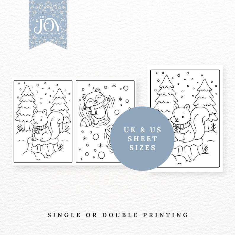 Puede incluir: P&aacute;ginas para colorear en blanco y negro con animales del bosque invernal. Las im&aacute;genes muestran una ardilla, un mapache y pinos. El texto "UK & US SHEET SIZES" es visible. El logotipo de The Joy Emporium es visible.