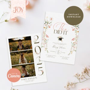 faire-part de remise des diplômes de | carte photo modifiable pour diplômé | faire-part de mariage floral pour la promotion 2025 | Invitation photo pour l'obtention du diplôme