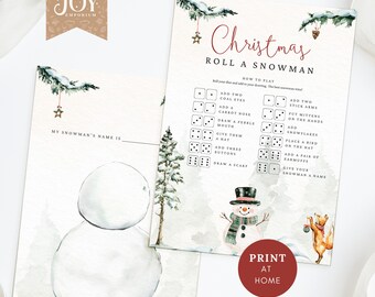 May include: Printable Christmas game with instructions to roll a snowman. The game includes a blank snowman drawing area and a list of instructions for adding features to the snowman based on dice rolls. The game is illustrated with a watercolor background of a snowy forest scene with a snowman and a fox.
