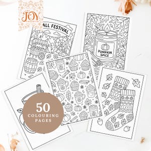 Fall festival-themed coloring pages featuring a carnival, pumpkin spice candle, fall treats pattern, and cozy socks surrounded by autumn leaves. This bundle includes 50 printable autumn coloring pages for kids and adults, perfect for Thanksgiving crafts and fall home activities.