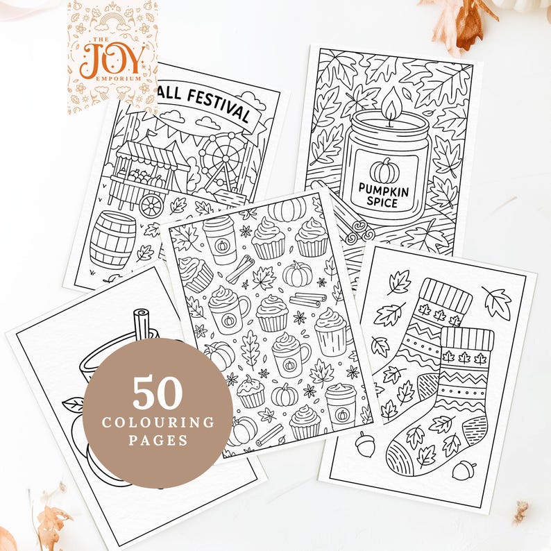Fall festival-themed coloring pages featuring a carnival, pumpkin spice candle, fall treats pattern, and cozy socks surrounded by autumn leaves. This bundle includes 50 printable autumn coloring pages for kids and adults, perfect for Thanksgiving crafts and fall home activities.