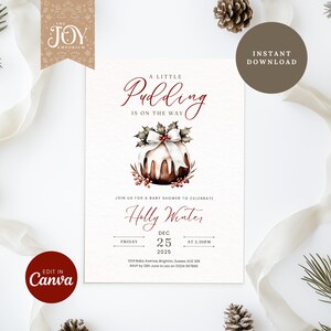 Può includere: Un invito a una festa di baby shower bianco con un'illustrazione di budino natalizio rosso e verde. Il testo recita "Un piccolo budino è in arrivo" e "Unisciti a noi per una festa di baby shower per celebrare Holly Winter, venerdì 25 dicembre 2025 alle 14:30".