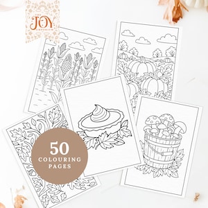 Bundle of fall harvest coloring sheets featuring corn stalks, pumpkin patches, whipped pumpkin pie, and autumn leaves. Includes 50 printable coloring pages that celebrate the cozy charm of autumn, great for Thanksgiving crafts, Halloween coloring fun, and mindful fall activities for kids and adults.