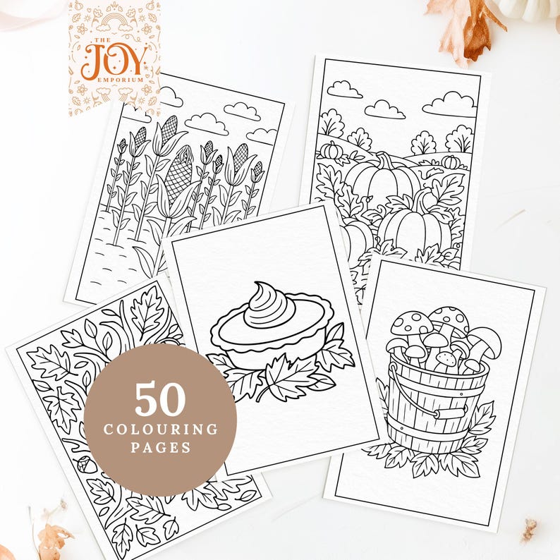 Bundle of fall harvest coloring sheets featuring corn stalks, pumpkin patches, whipped pumpkin pie, and autumn leaves. Includes 50 printable coloring pages that celebrate the cozy charm of autumn, great for Thanksgiving crafts, Halloween coloring fun, and mindful fall activities for kids and adults.